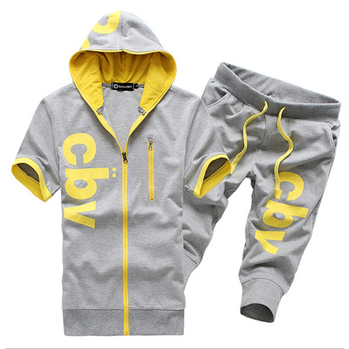 Leisure Hooded Collar Short Sleeves Letters Printed Light Grey Cotton Blends Two-piece Shorts Set от Lovelywholesale WW