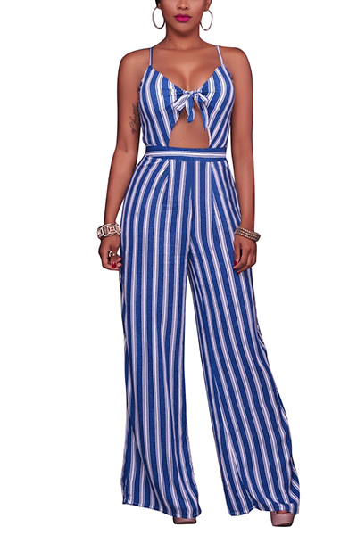 Spaghetti Strap Decorative Buttons Striped Sleeveless Jumpsuits