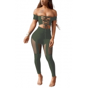 Sexy Dew Shoulder Hollow-out Army Green Polyester 