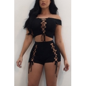 Black Polyester Shorts Solid Bateau Neck Short Sle