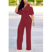 Stylish V Neck Half Sleeves Hollow-out Wine Red Qm