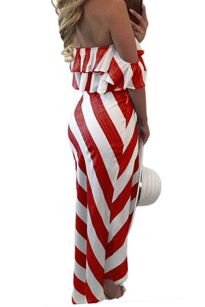 Stylish Dew Shoulder Striped Asymmetrical Red Polyester Two-piece Skirt Set от Lovelywholesale WW