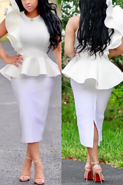 Stylish Round Neck Falbala Design White Polyester Two-piece Skirt Set от Lovelywholesale WW