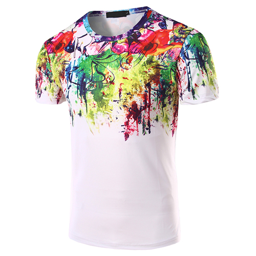 

Casual Round Neck Short Sleeves Printed Cotton Blends T-shirt, White