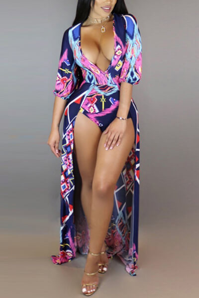 

Lovely Sexy Deep V Neck Printed Hollow-out Milk Fiber One-piece Skinny Jumpsuits, Multi