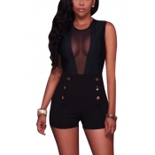 Sexy Round Neck Yarn Splicing Black Blending One-p