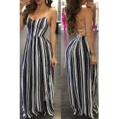 Sexy Lace-up Backless Black-white Striped Chiffon 