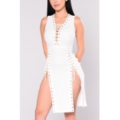 Sexy V Neck Sleeveless Hollow-out White Twilled Sa