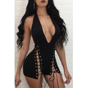 Sexy Deep V Neck Backless Black Twilled One-piece 