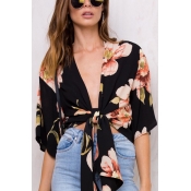 Trendy V Neck Half Sleeves Printed Black Blending 