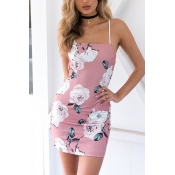 Sexy Printed Backless Pink Cotton Blend Sheath Min