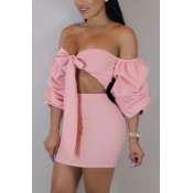 Sexy Dew Shoulder Pink Polyester Two-piece Skirt S
