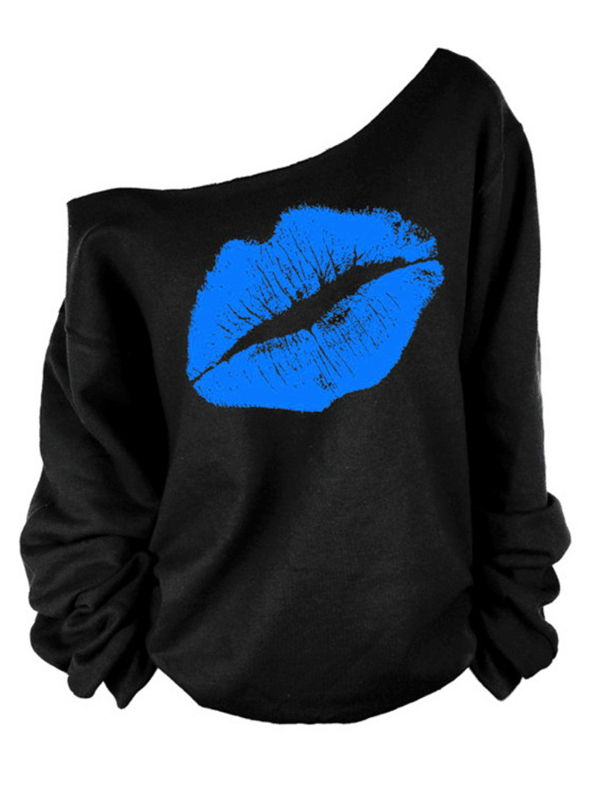 Lovely Leisure Dew Shoulder Lip Printing Blue Blending Pullovers