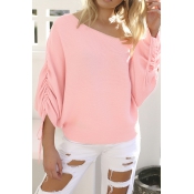Trendy Dew Shoulder Long Sleeves Pink Cotton Pullo