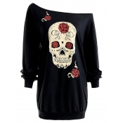 Casual Dew Shoulder Skull Print Black Cotton Tops