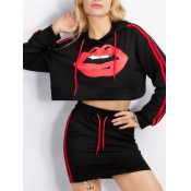 Leisure Long Sleeves Printed Black Polyester Two-p