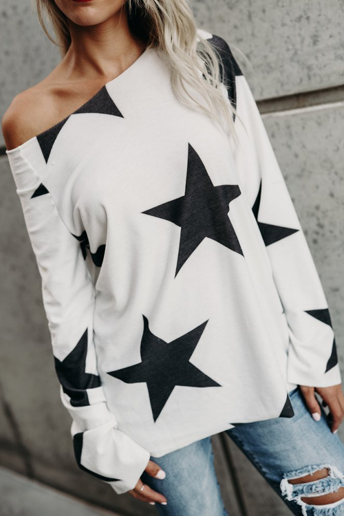 

Blending O Neck Long Sleeve Geometric T-shirt, White