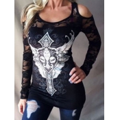 Stylish U-shaped Neck Long Sleeves Lace Patchwork 