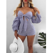 Sexy Dew Shoulder Striped Blue Cotton One-piece Ju