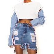 Leisure Round Neck Long Sleeves Patchwork White Po