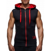 Leisure Hooded collar Black+Red Cotton Waistcoat f