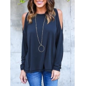 Leisure Round Neck Long Sleeve Hollow-out Navy Blu