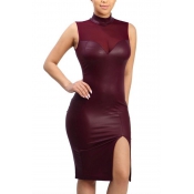 Sexy Gauze Patchwork Red PU Sheath Knee Length Dre