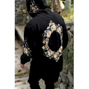 Leisure Hooded collar Long Sleeves Printed Black C