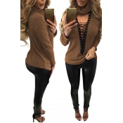 Sexy Deep V Neck Hollow-out Brown Knitting Sweater