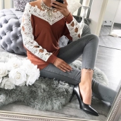 Leisure Long Sleeves Lace Trim Patchwork Orange Co