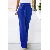 Euramerican High Waist Lace-up Blue Polyester Pant