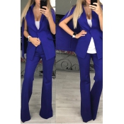 Stylish V Neck Long Sleeves Blue Cotton Two-piece 