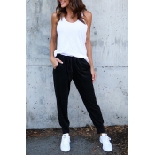 Leisure Elastic Waist Lace-up Black Polyester Pant