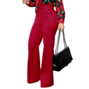 Stylish Elastic Waist Lace-up Red Blending Pants