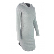 Leisure Hooded Collar Long Sleeves Grey Polyester 