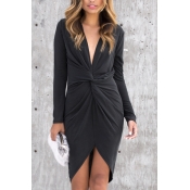 Leisure V Neck Asymmetrical Black Polyester Sheath