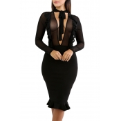 Sexy V Neck Gauze Patchwork Black Polyester Sheath