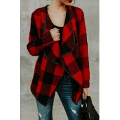 Stylish V Neck Plaids Red Polyester Coat