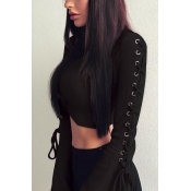 Trendy Round Neck Lace-up Black Cotton Sweaters