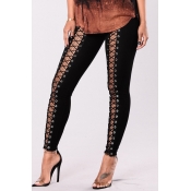 Sexy Elastic Waist Lace-up Hollow-out Black Polyes