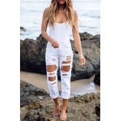 Trendy Mid Waist Broken Holes White Denim Jeans