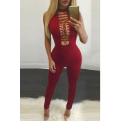 Sexy Hollow-out Red Polyester One-piece Jumpsuits
