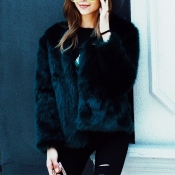 Trendy V Neck Long Sleeves Fur Design Black Short 