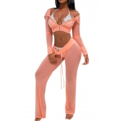 Sexy See-Through Pink Polyester Two-piece Pants Se
