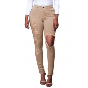 Trendy High Waist Broken Holes Apricot Denim Pants