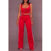 Sexy V Neck Side Split Red Polyester Two-piece Pan