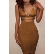 Sexy Backless Hollow-out Golden Cotton Two-piece S