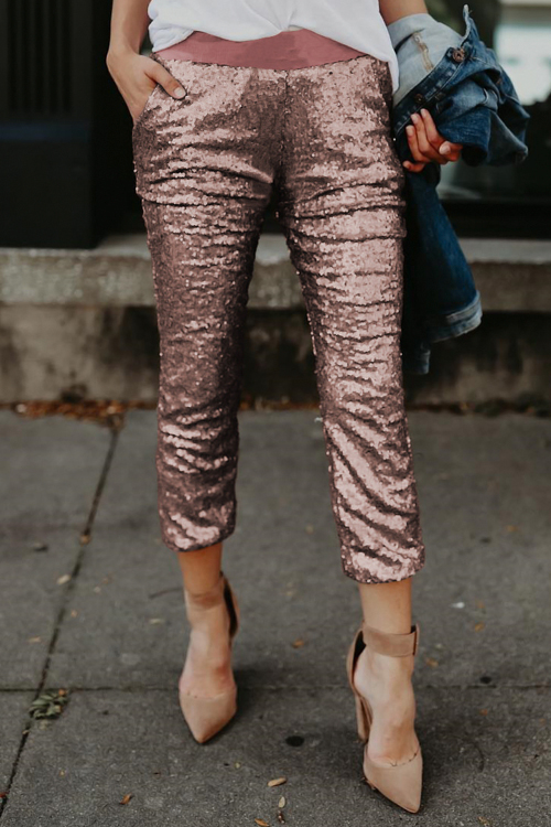 

Lovely Fashionable Mid Waist Rose Gold Polyester Pants