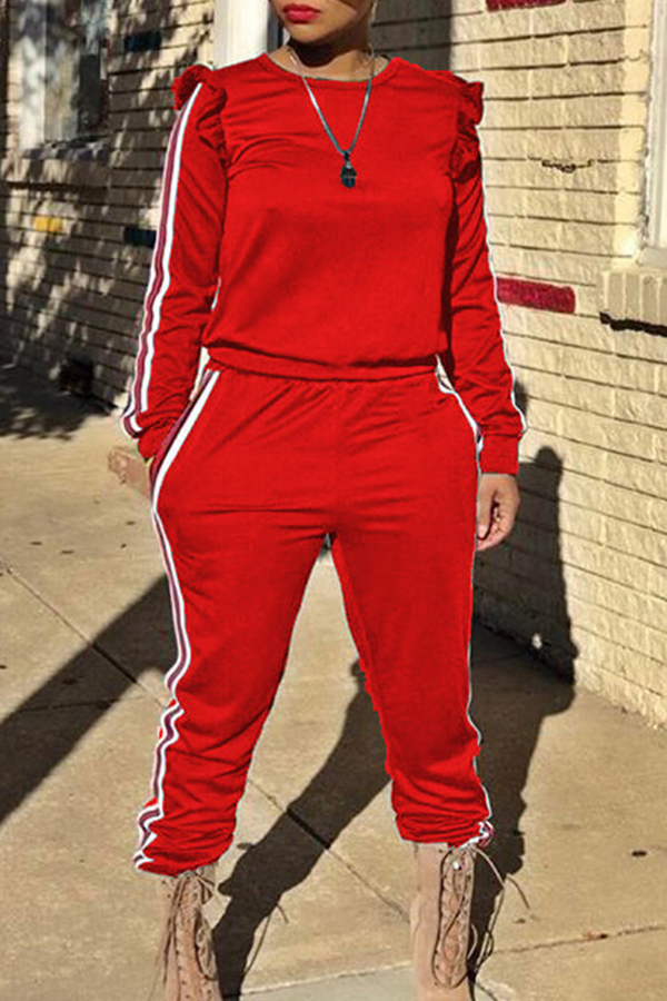

Casual Round Neck Striped Red Blending Two-piece Pants Set