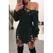 Sexy V Neck Lace-up Hollow-out Green Polyester Min